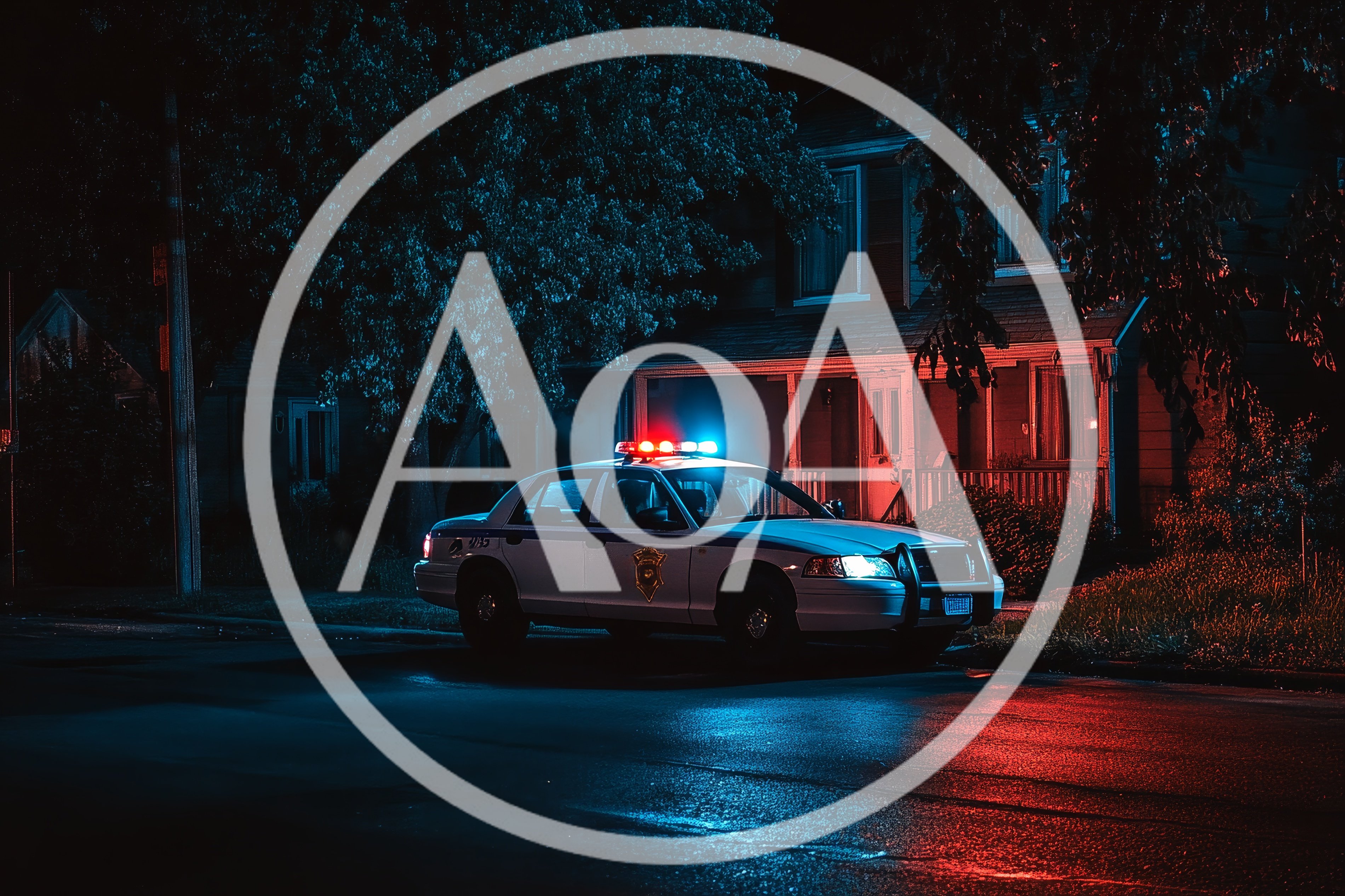 Police Cruiser Parked Outside Residential House At Night