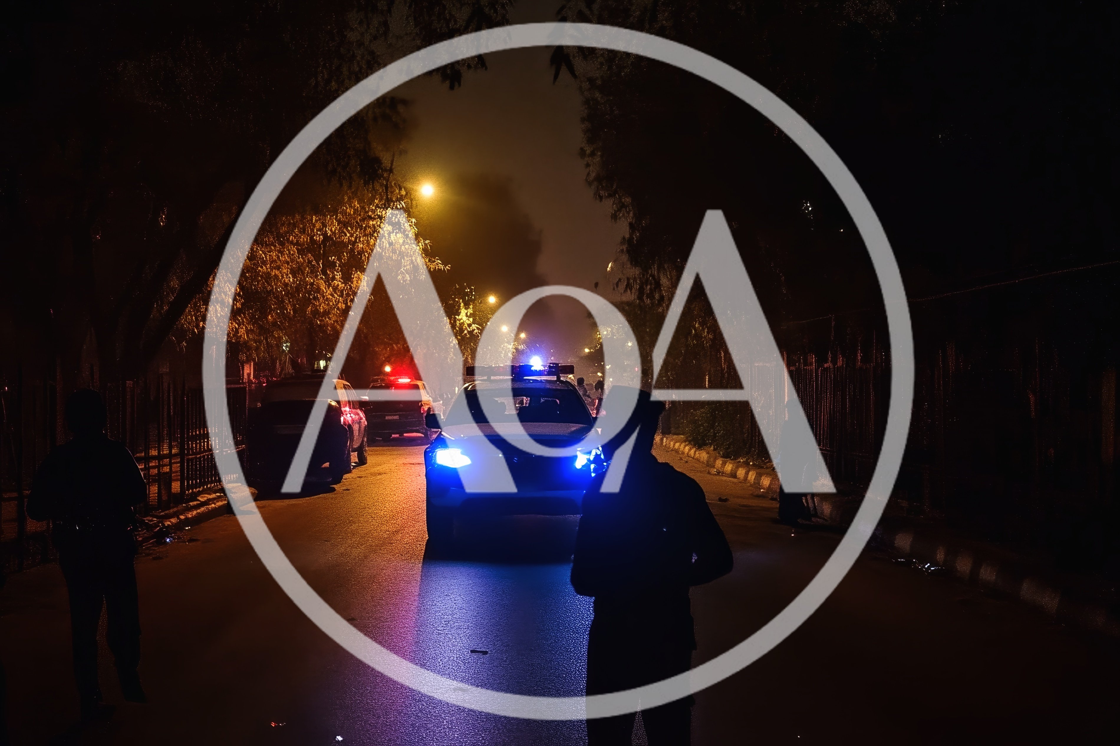 Police Officers Patrolling Street at Night with Emergency Lights