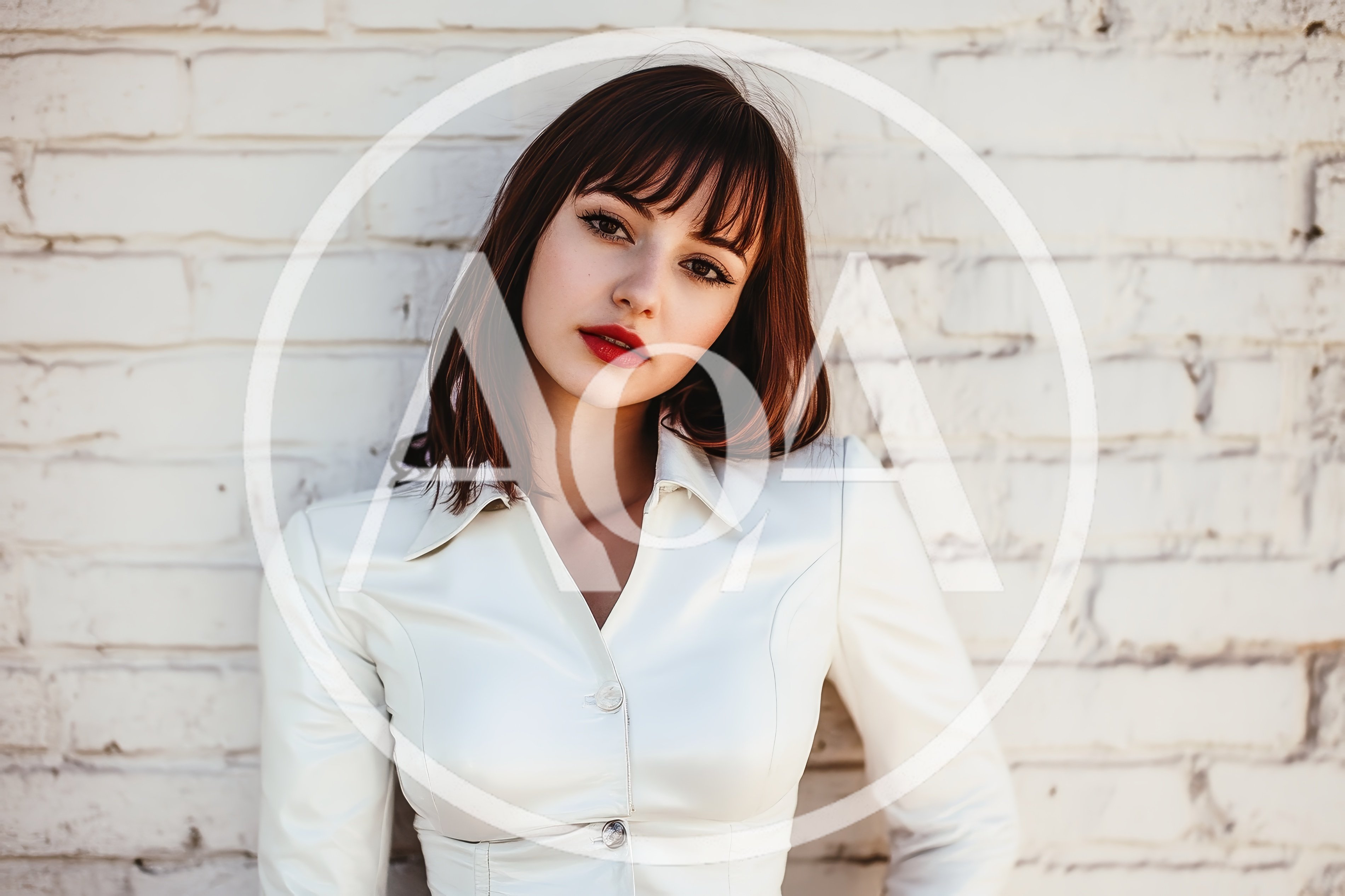 Portrait Of A Young Woman With Bangs Against Brick Wall