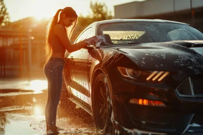 Young Woman Washing Black Sports Car At Sunset