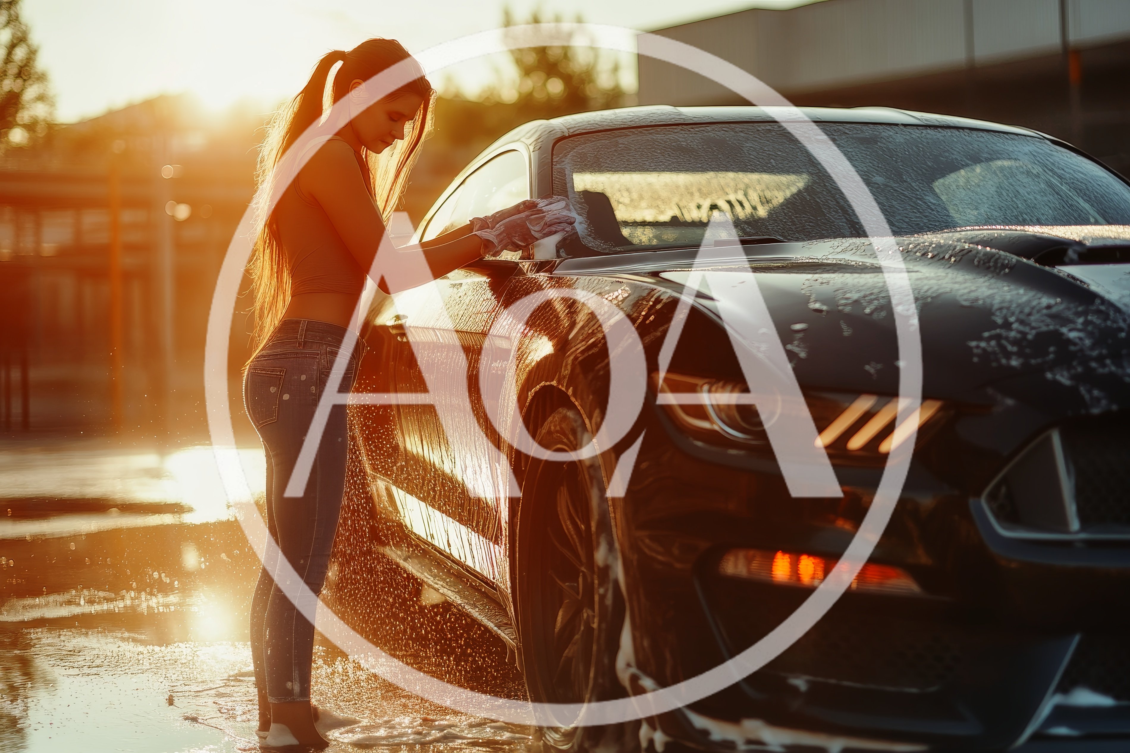 Young Woman Washing Black Sports Car At Sunset