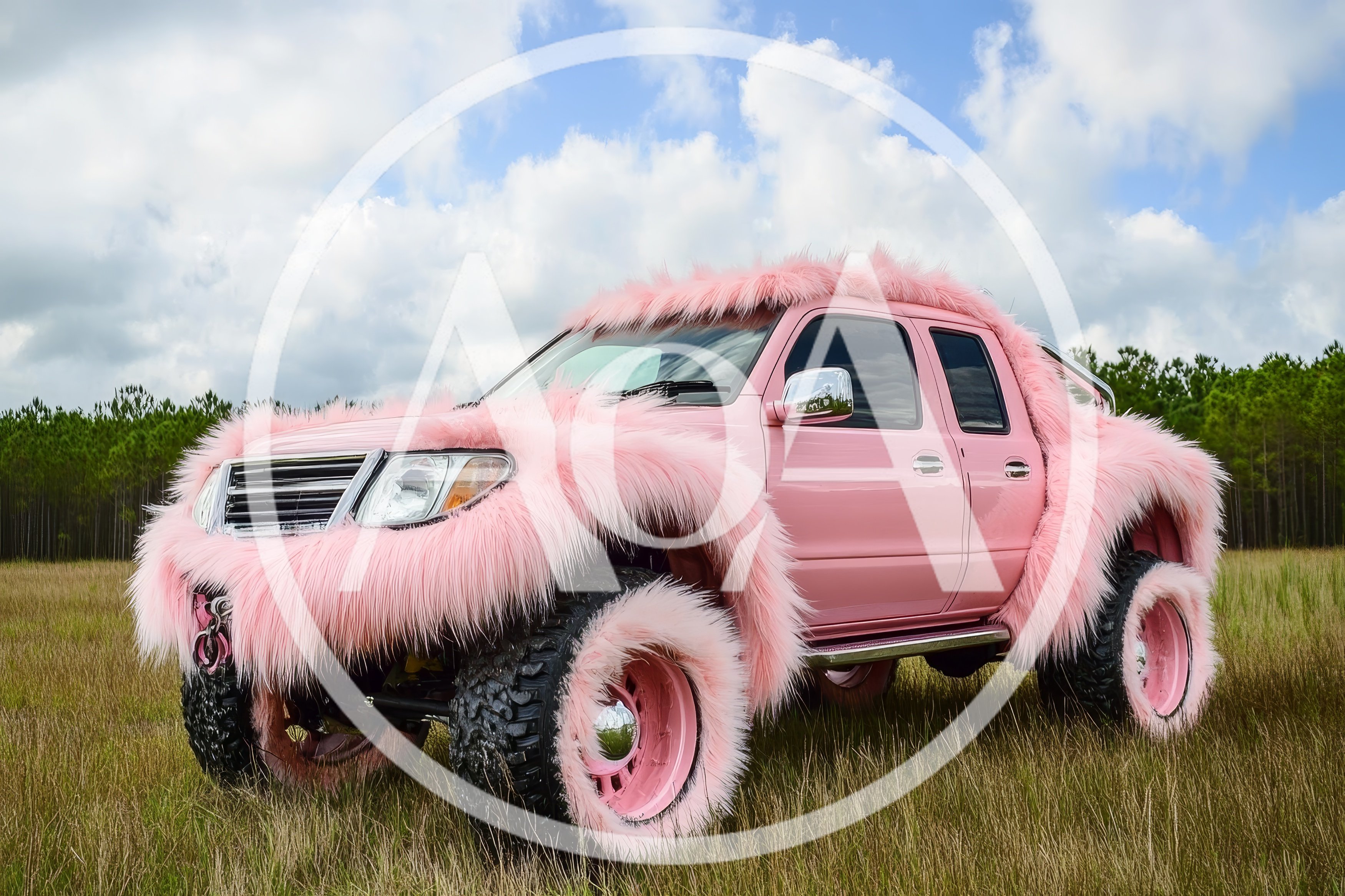 Pink Furry Off-Road Truck in Grassy Field