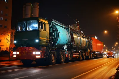 Heavy Duty Industrial Truck Transporting Large Tank At Night
