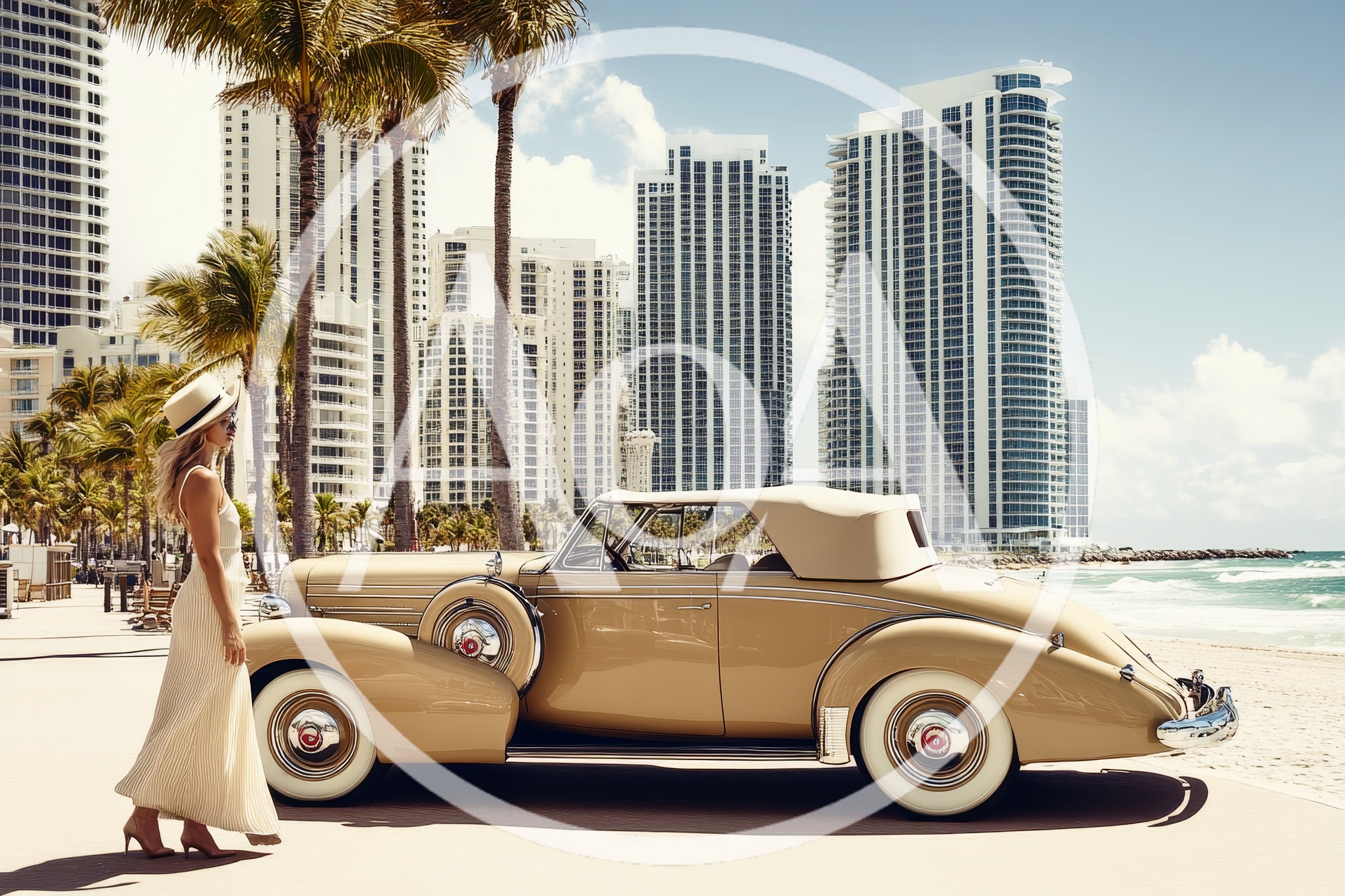 Elegant Woman Standing Beside Vintage Convertible On Beach