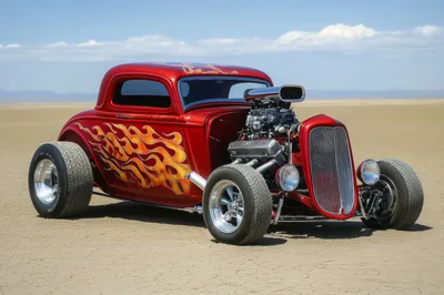 Custom Red Hot Rod Coupe on Dry Lake Bed