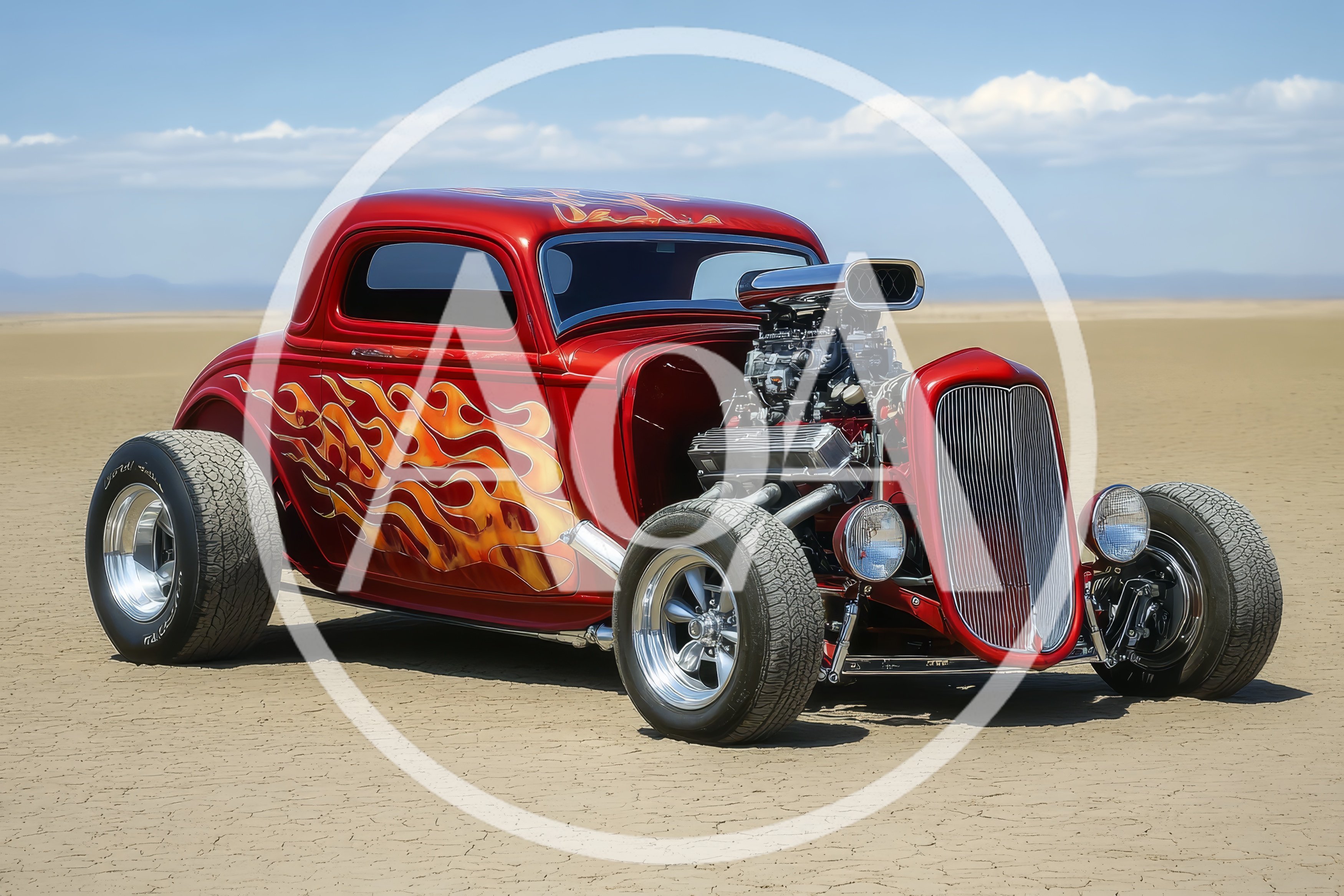 Custom Red Hot Rod Coupe on Dry Lake Bed