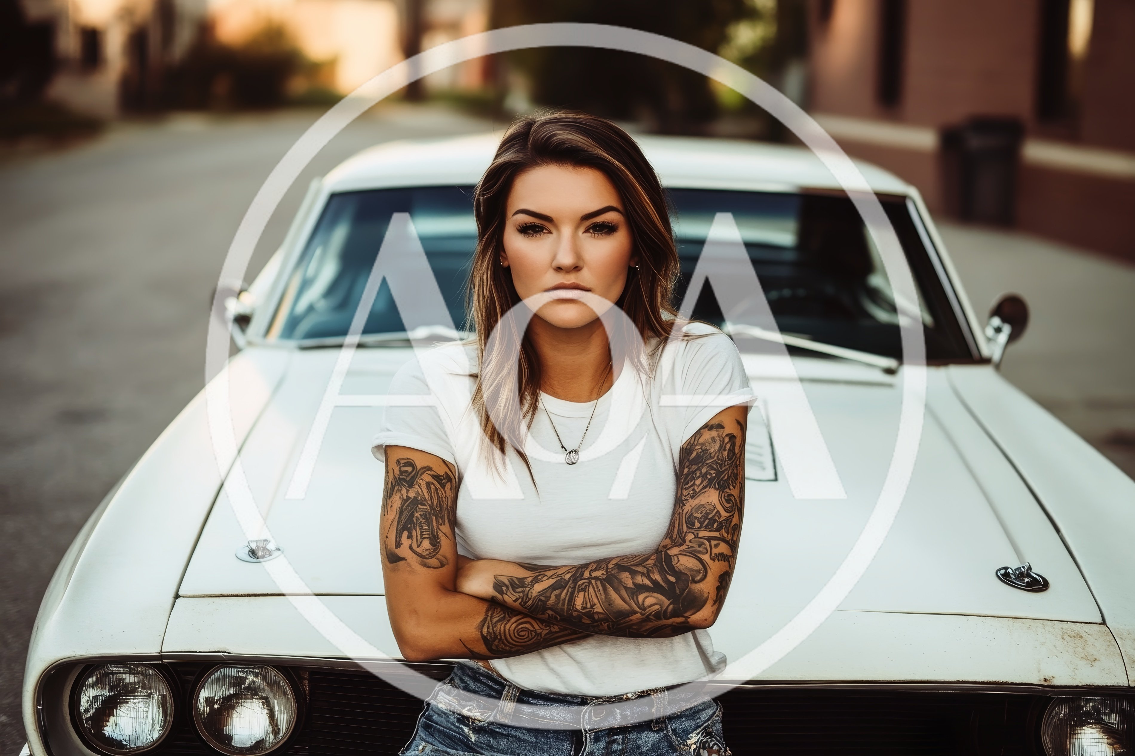 Tattooed Woman Leaning Against A Vintage White Muscle Car