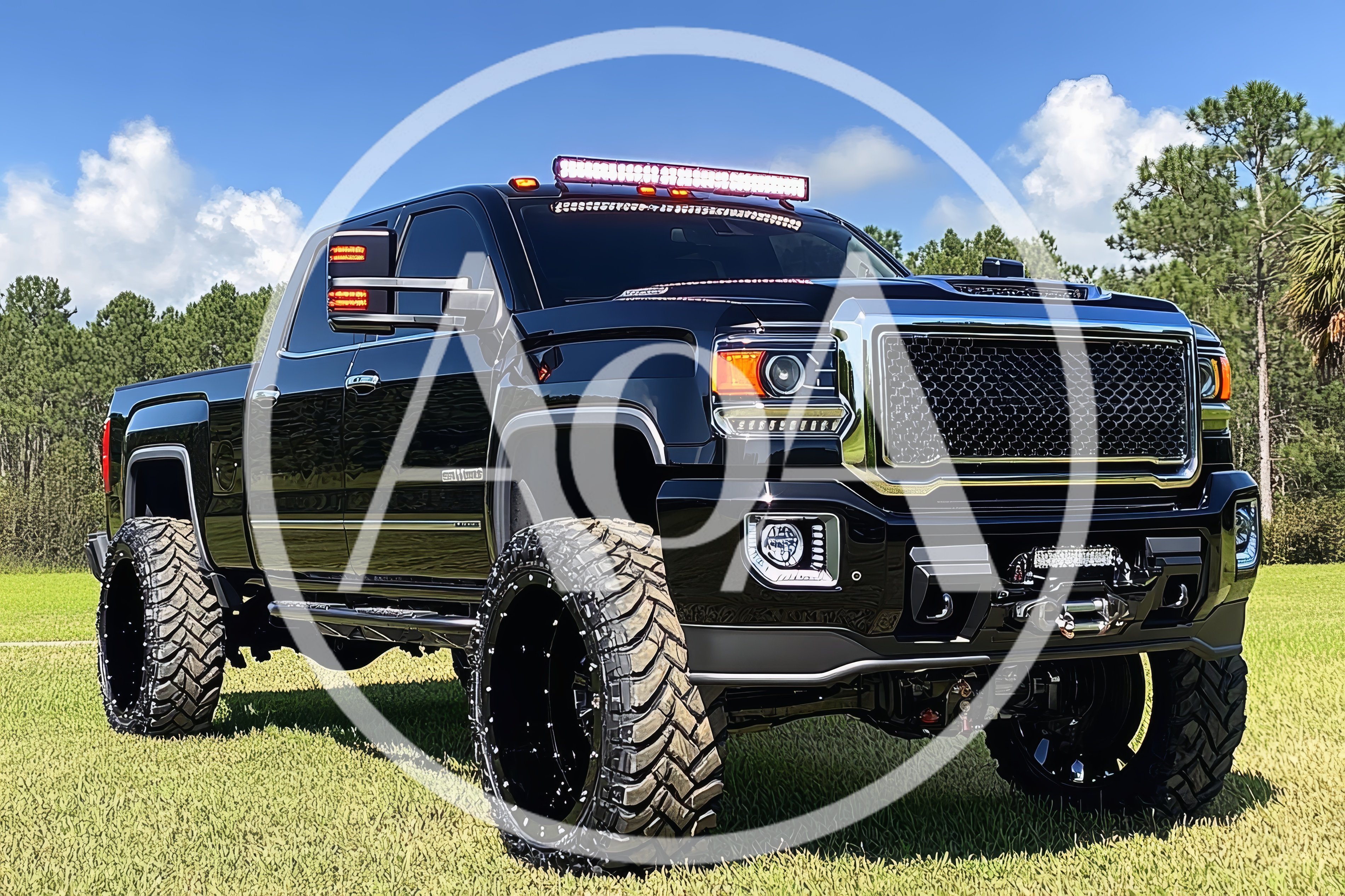 Custom Black Lifted Pickup Truck Parked In Field