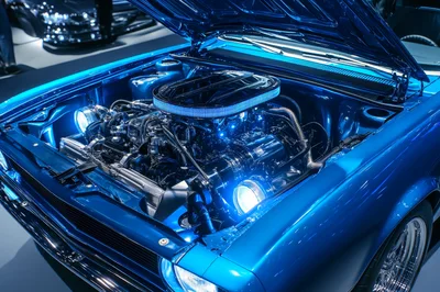 Custom Blue Muscle Car Engine Bay Display