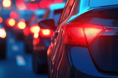 Traffic Jam With Glowing Red Car Taillights At Night