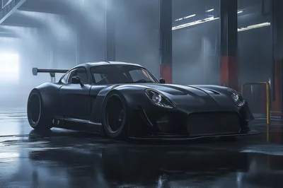 Matte Black Custom Sports Car In Industrial Garage