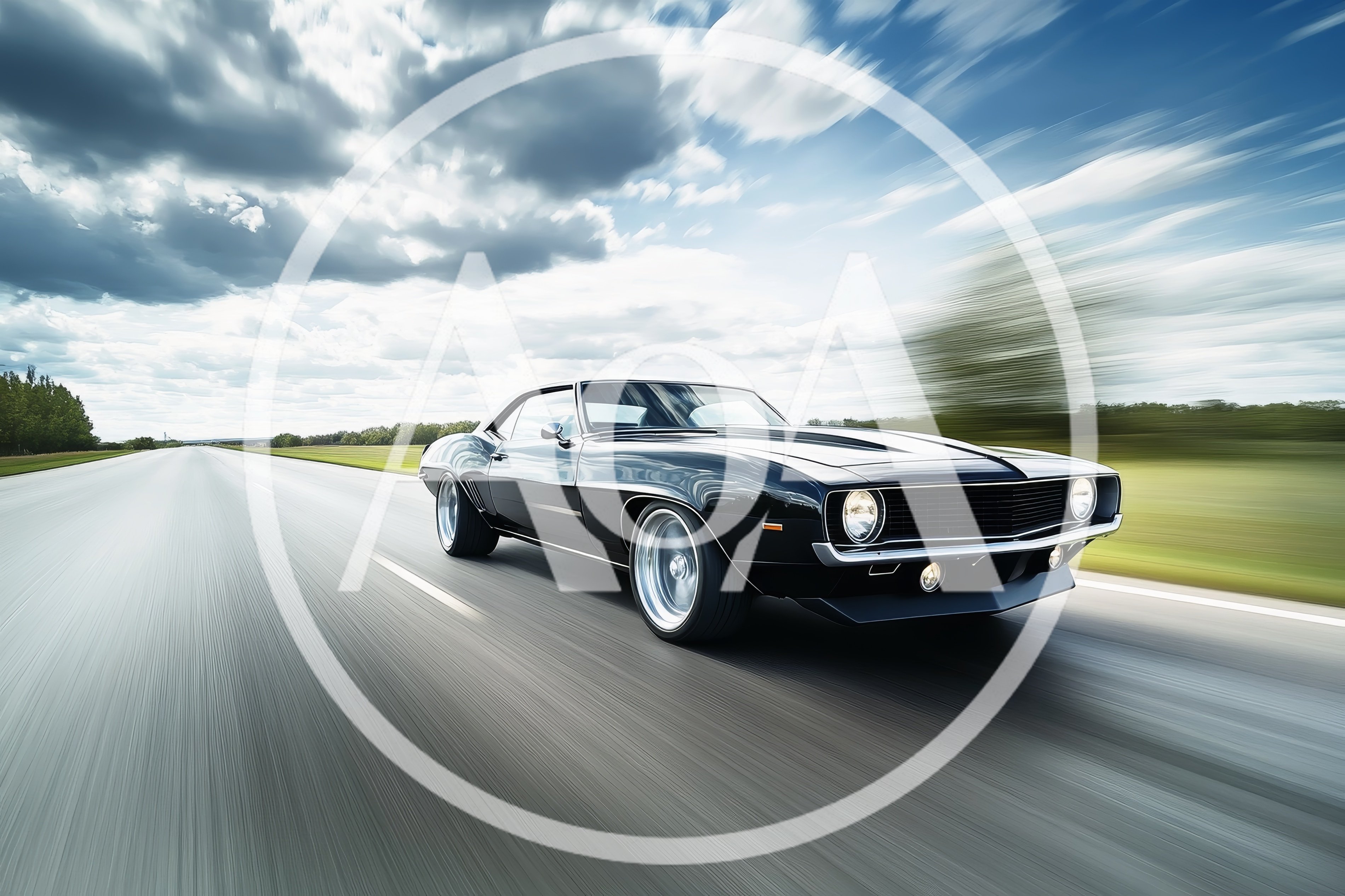 Black Classic Muscle Car Driving Fast On Highway