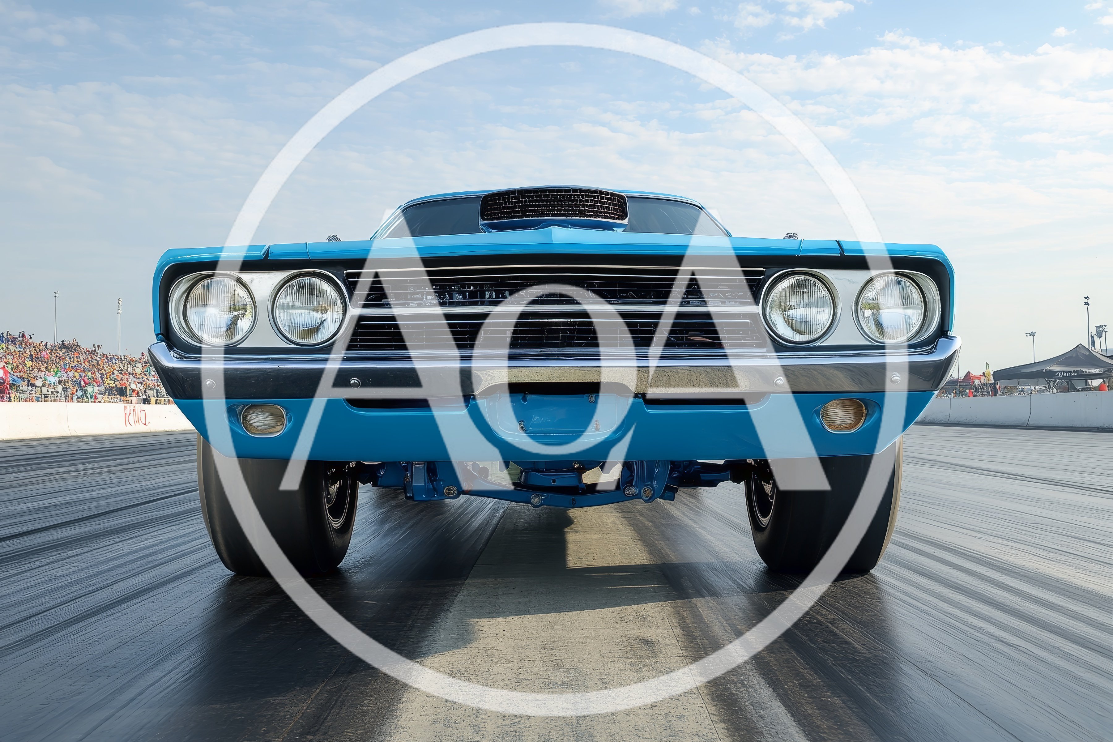 Blue Muscle Car Launching On Drag Strip