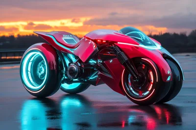 Futuristic Red Concept Motorcycle On Wet Asphalt