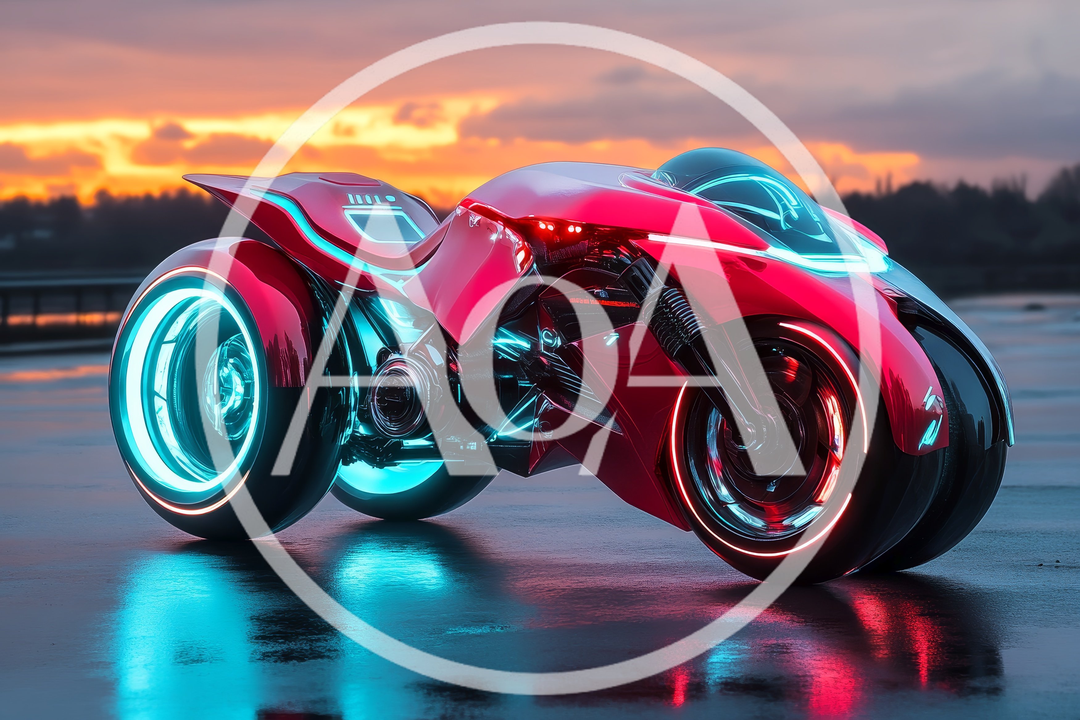 Futuristic Red Concept Motorcycle On Wet Asphalt