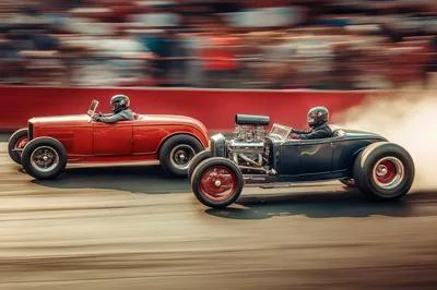 Vintage Hot Rods Racing On Drag Strip