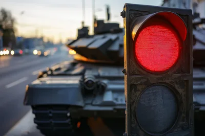 Military Tank Stopped at a Red Traffic Light