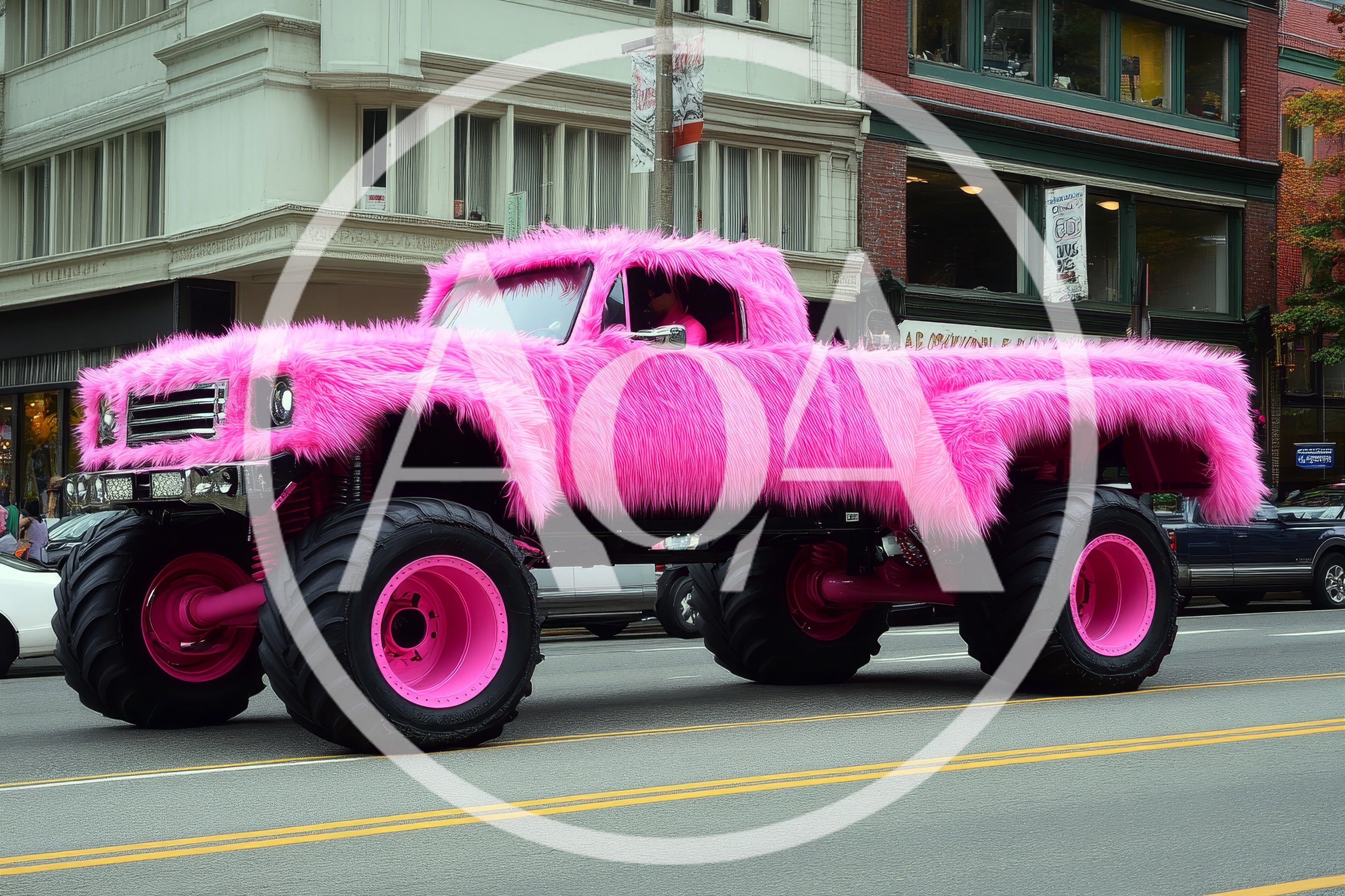Pink Furry Monster Truck Driving On City Street