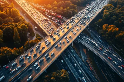 Aerial View of Heavy Traffic on Highway Interchange
