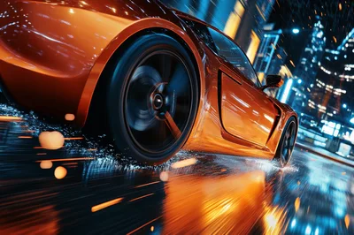 Orange Sports Car Drifting on Wet City Street