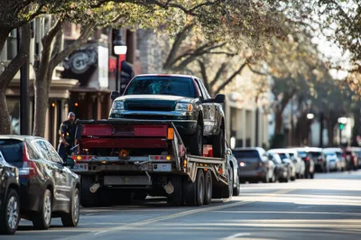 Tow Truck Carrying A Pickup Truck On City Street