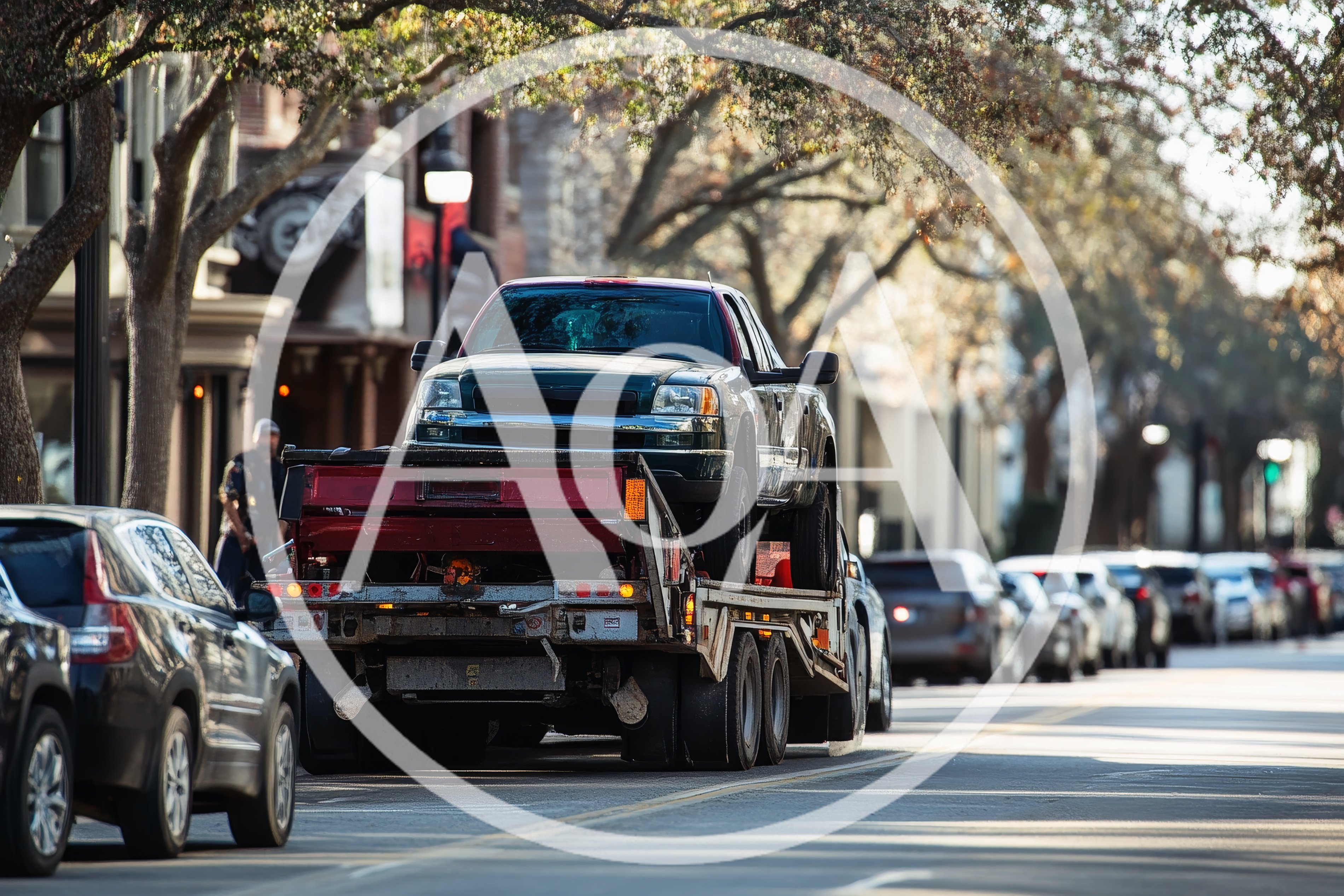 Tow Truck Carrying A Pickup Truck On City Street