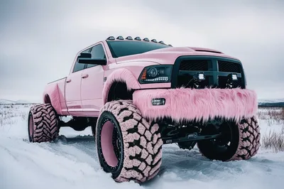 Custom Pink Furry Off-Road Truck In Snowy Landscape