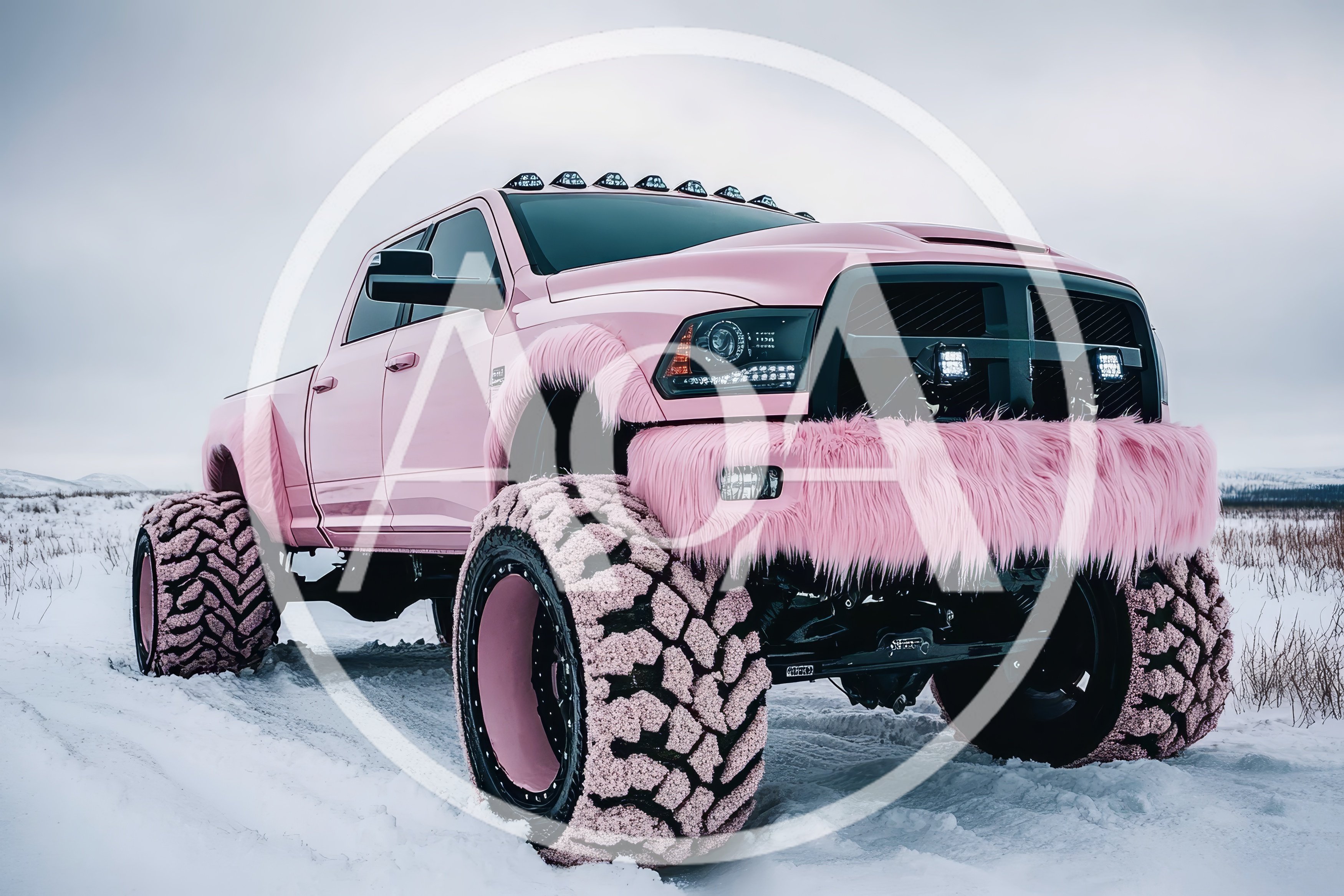 Custom Pink Furry Off-Road Truck In Snowy Landscape