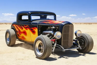 Classic Hot Rod Car On Dry Lake Bed