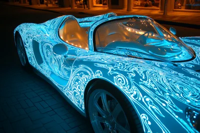 Futuristic Sports Car With Glowing Blue Swirl Patterns