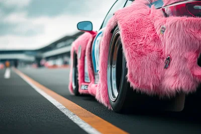 Pink Furry Race Car Parked on Track