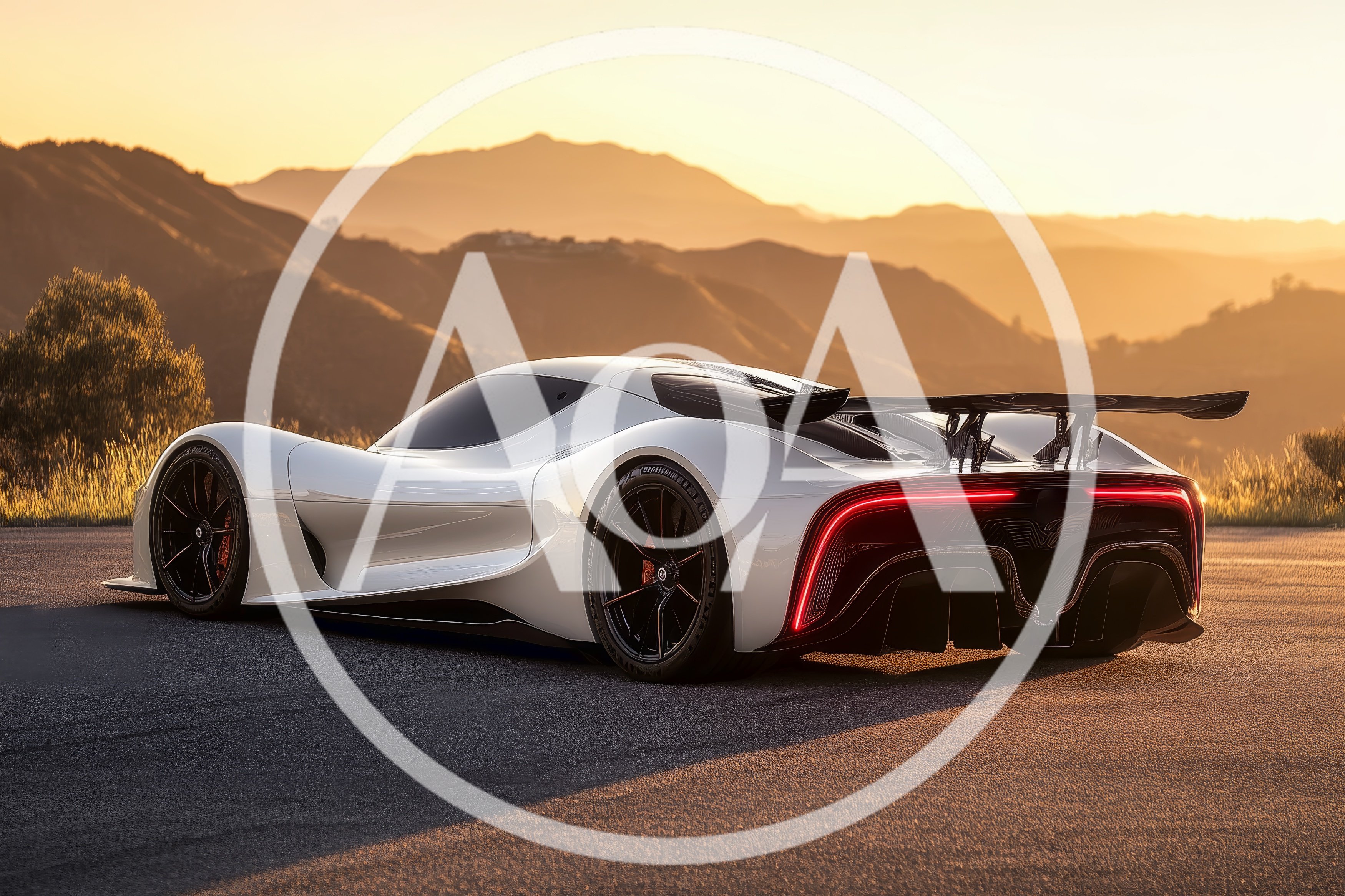 Futuristic White Supercar Parked On Mountain Road At Sunset