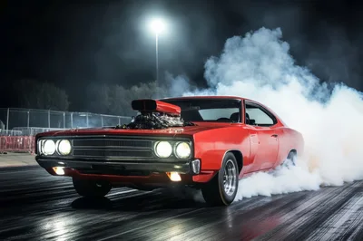 Red Muscle Car Performing A Burnout At Night
