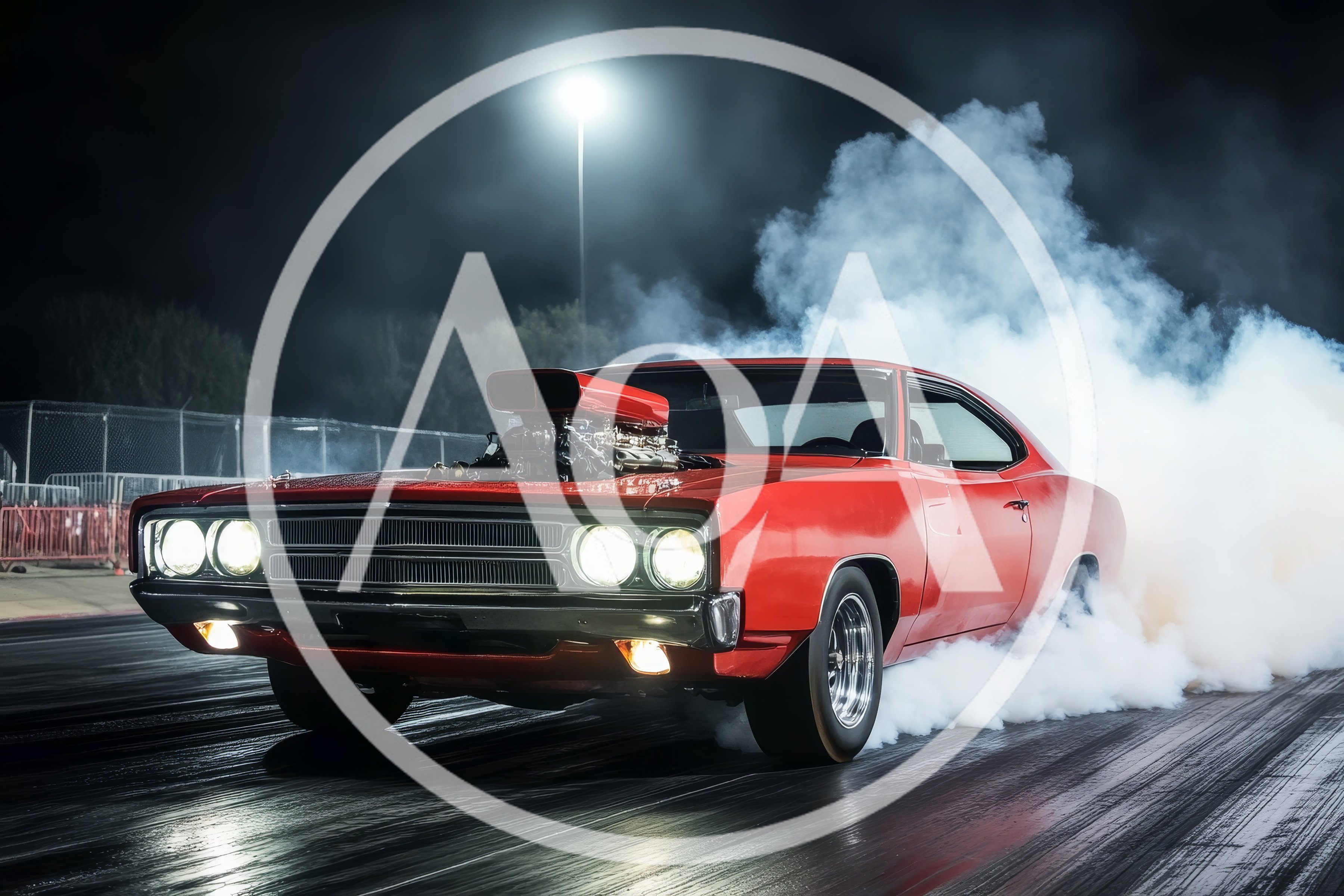 Red Muscle Car Performing A Burnout At Night