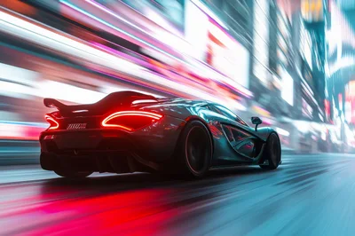 Supercar Driving Fast Through A Neon City Street