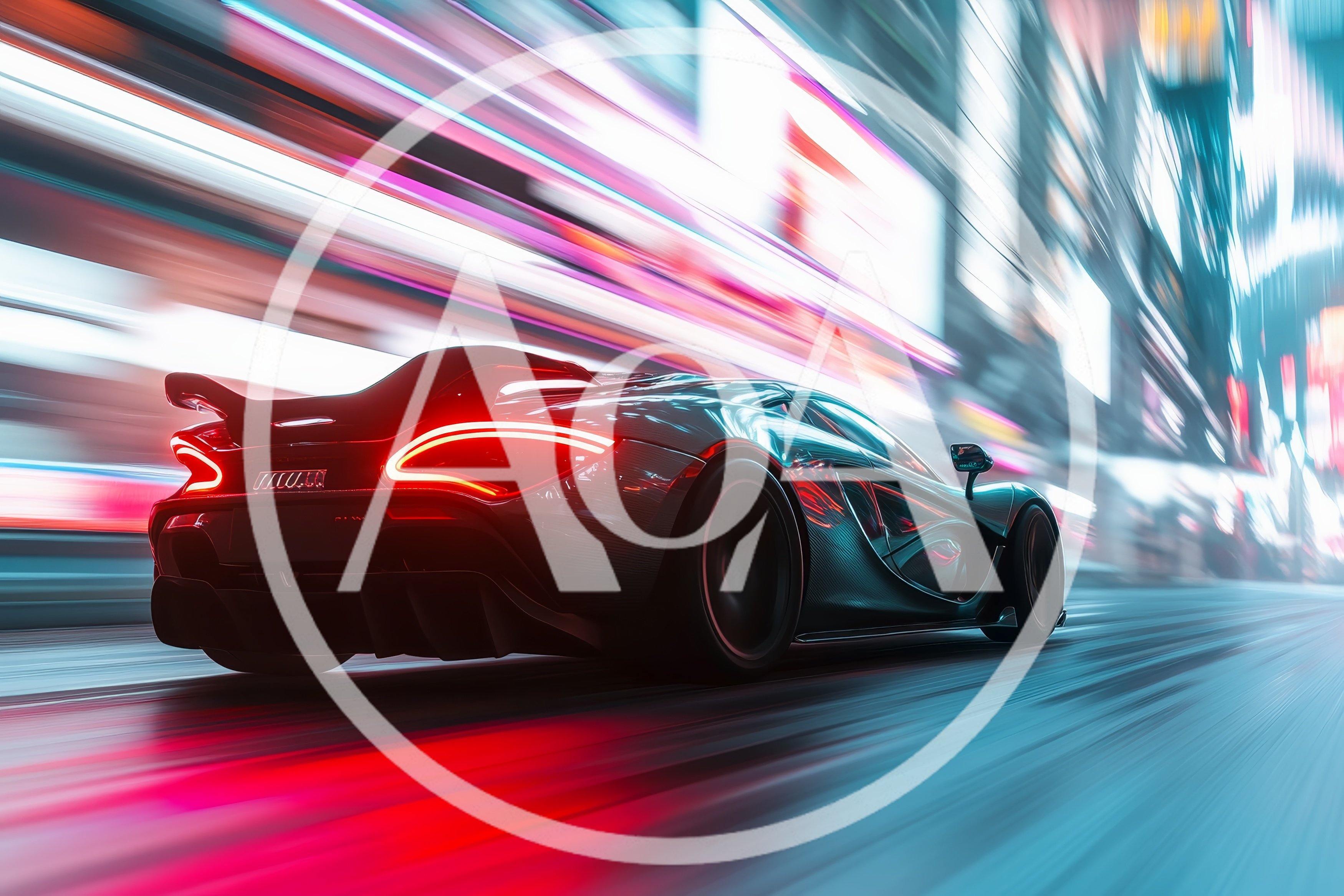 Supercar Driving Fast Through A Neon City Street