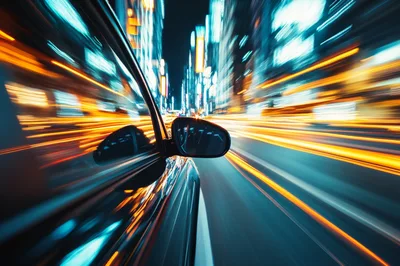 Car Driving Through City Streets At Night With Motion Blur