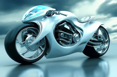 Futuristic Chrome Concept Motorcycle On Reflective Surface