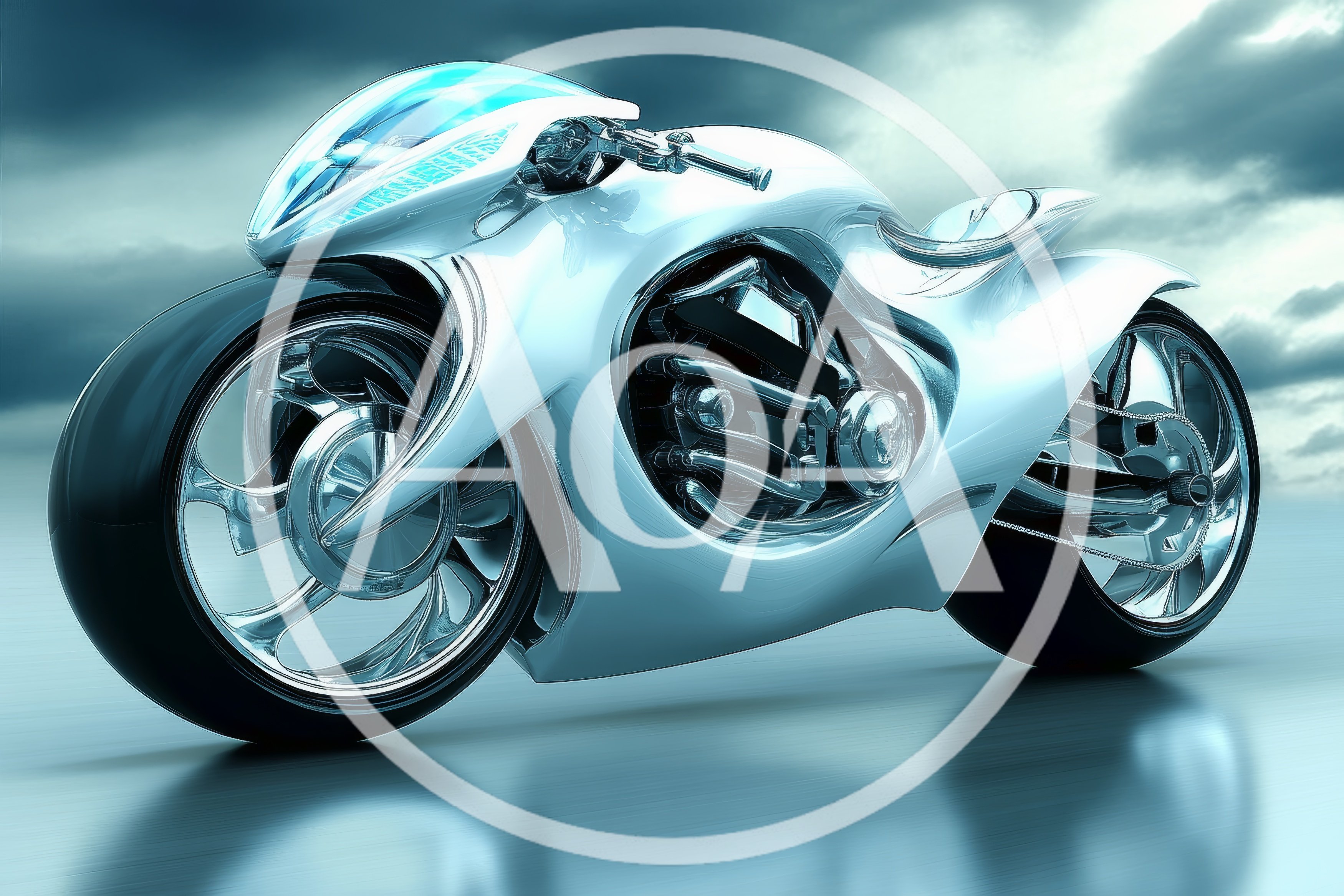 Futuristic Chrome Concept Motorcycle On Reflective Surface