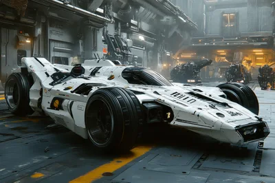 Futuristic White Concept Car In Industrial Hangar