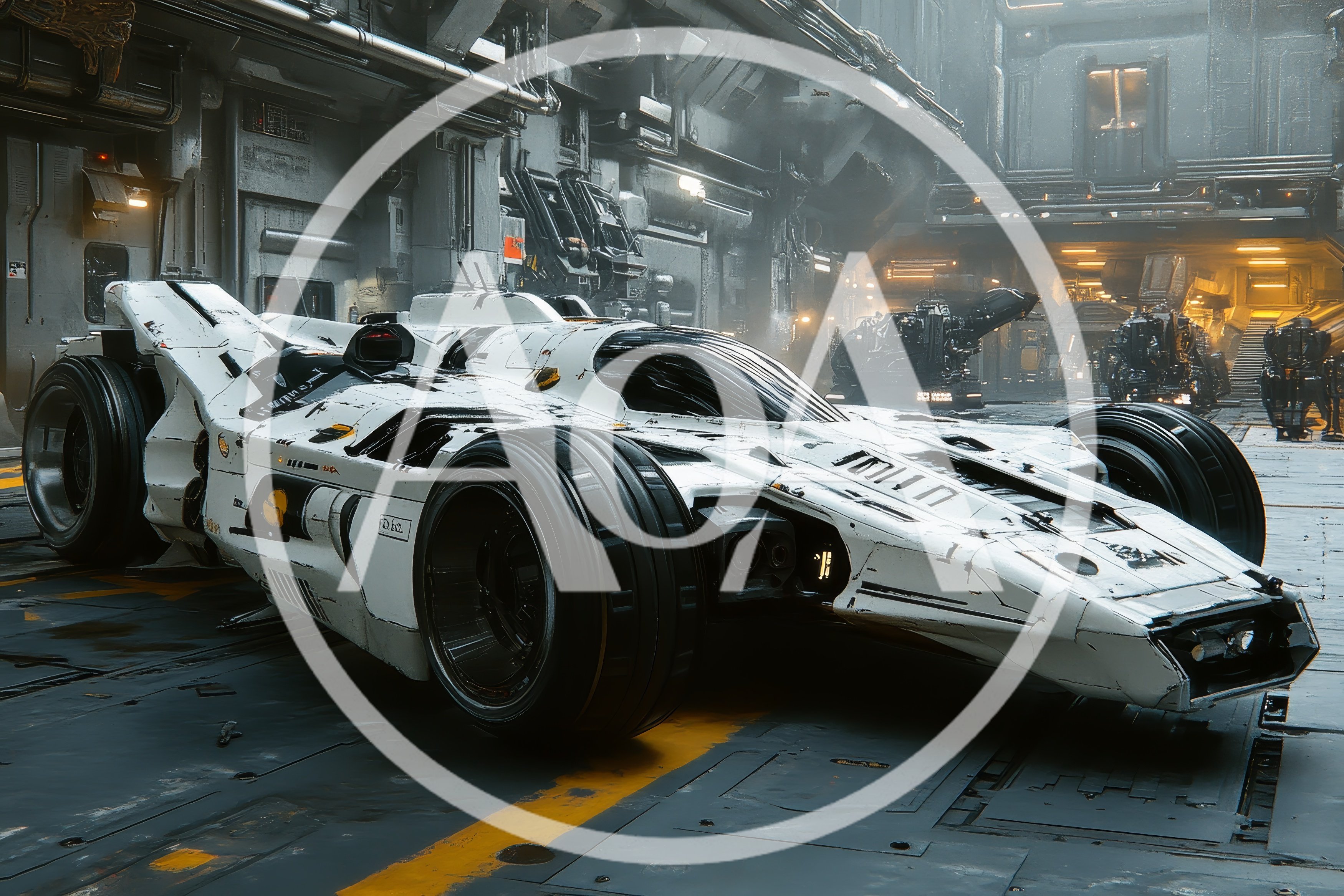 Futuristic White Concept Car In Industrial Hangar