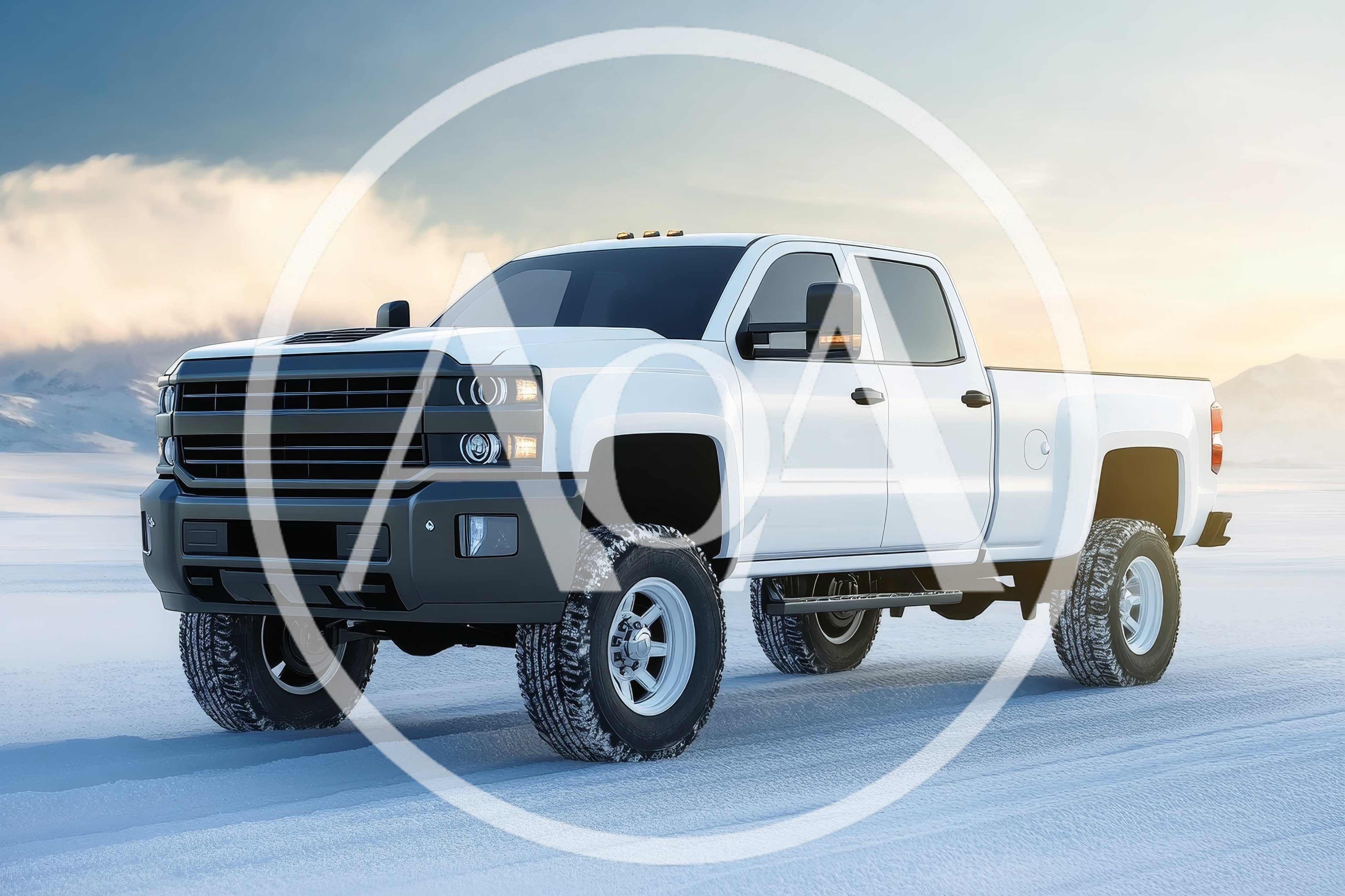 White Pickup Truck Parked On Snowy Landscape