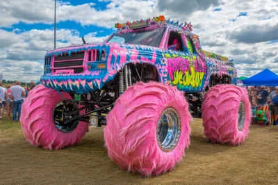 Custom Pink Furry Monster Truck at Outdoor Event