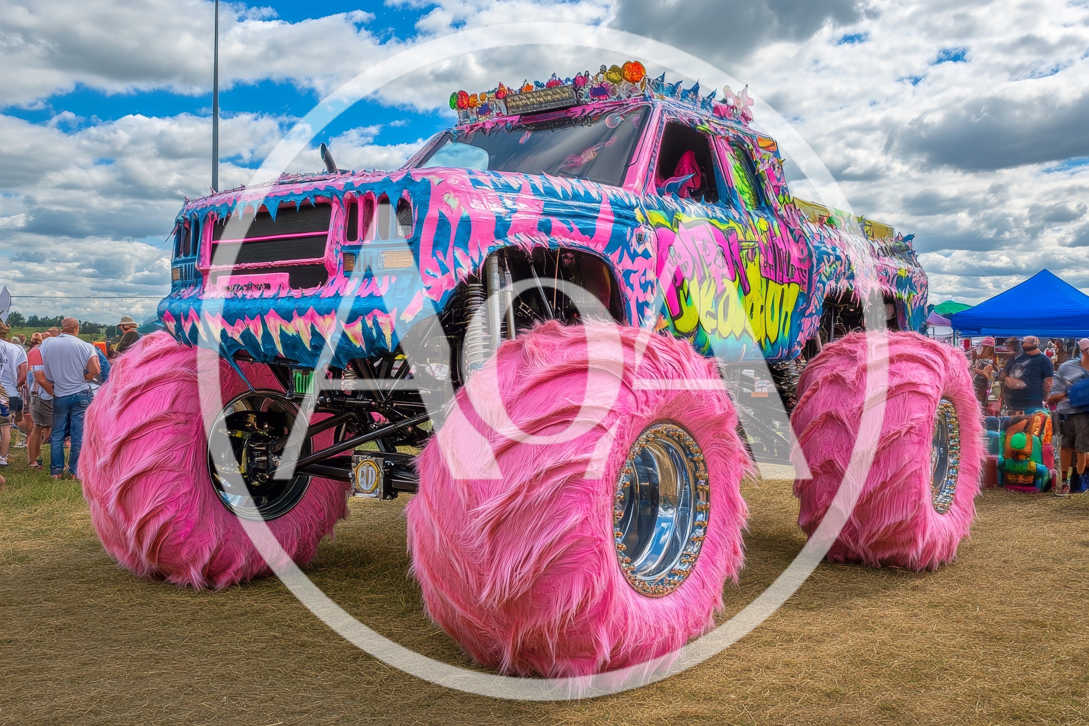 Custom Pink Furry Monster Truck at Outdoor Event