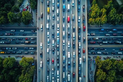 Aerial View of Heavy Traffic on Urban Highway
