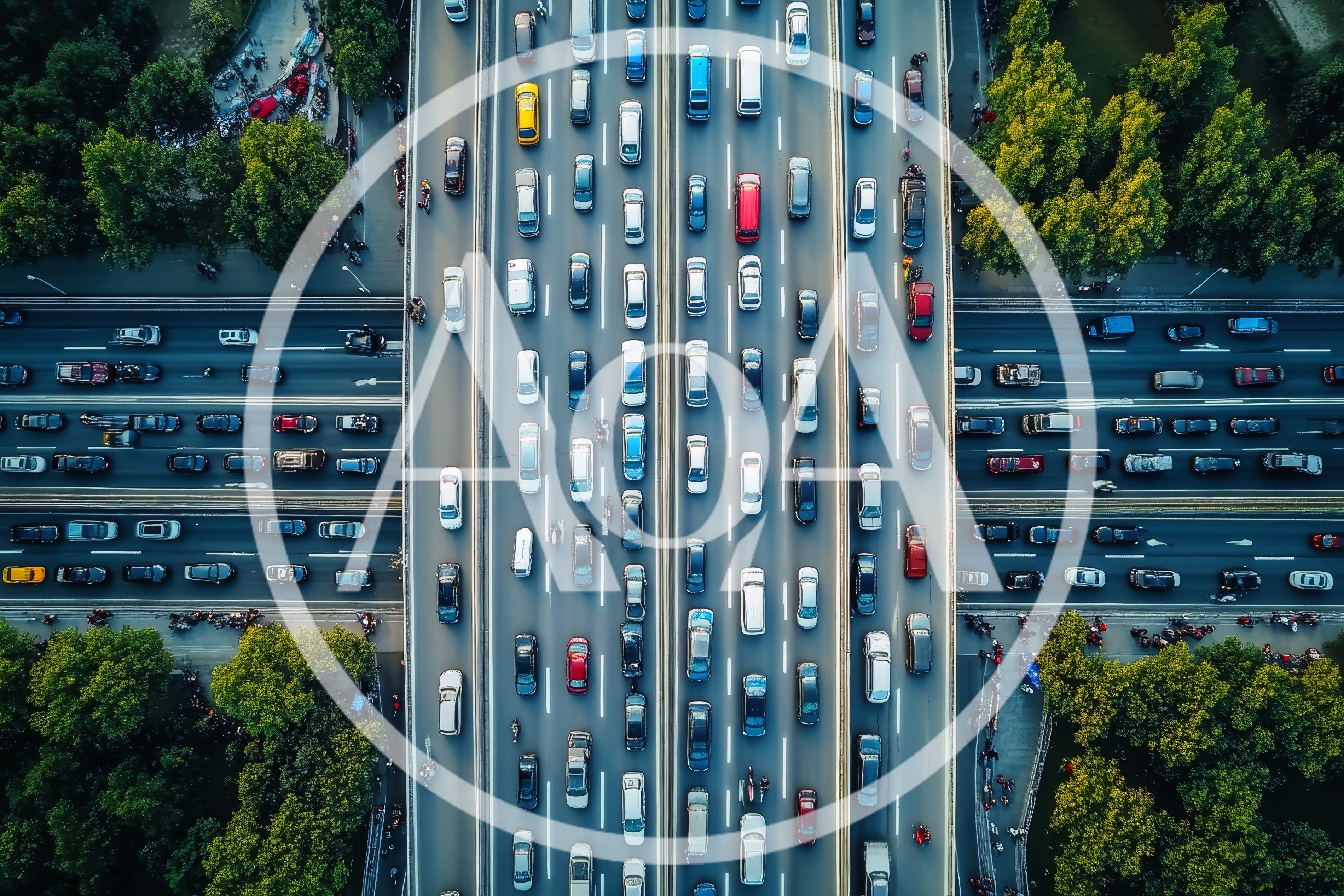 Aerial View of Heavy Traffic on Urban Highway