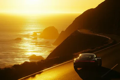 Luxury Sports Car Driving Along Coastal Highway At Sunset