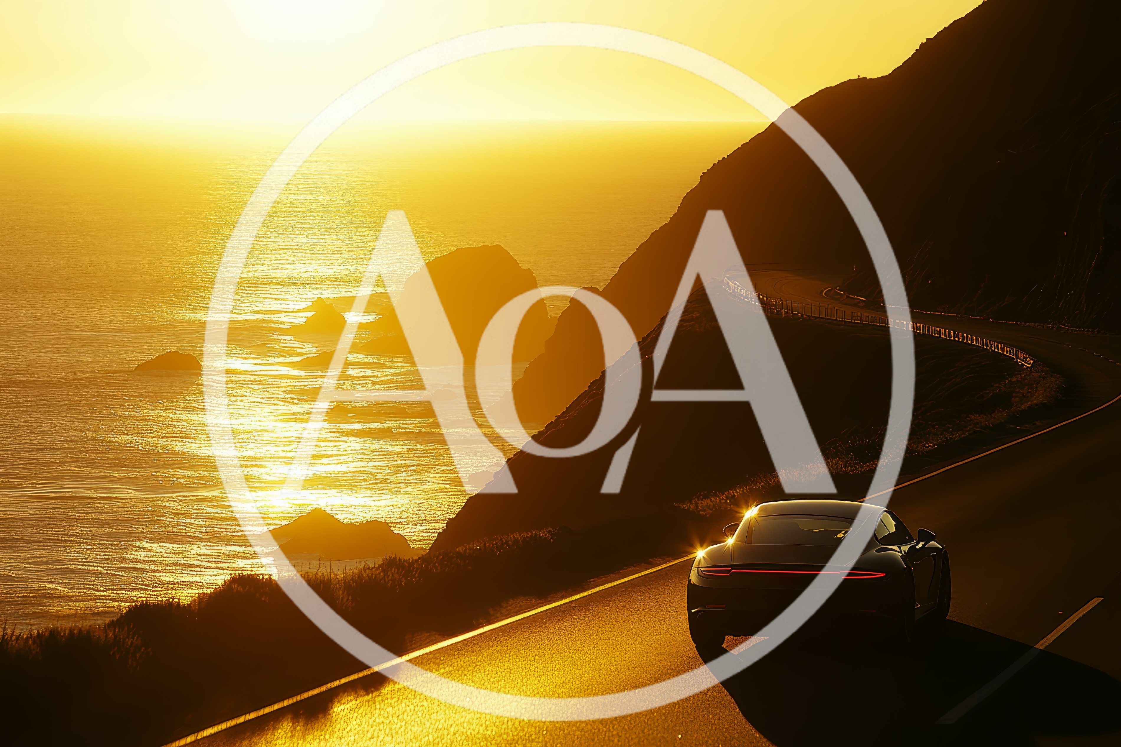 Luxury Sports Car Driving Along Coastal Highway At Sunset