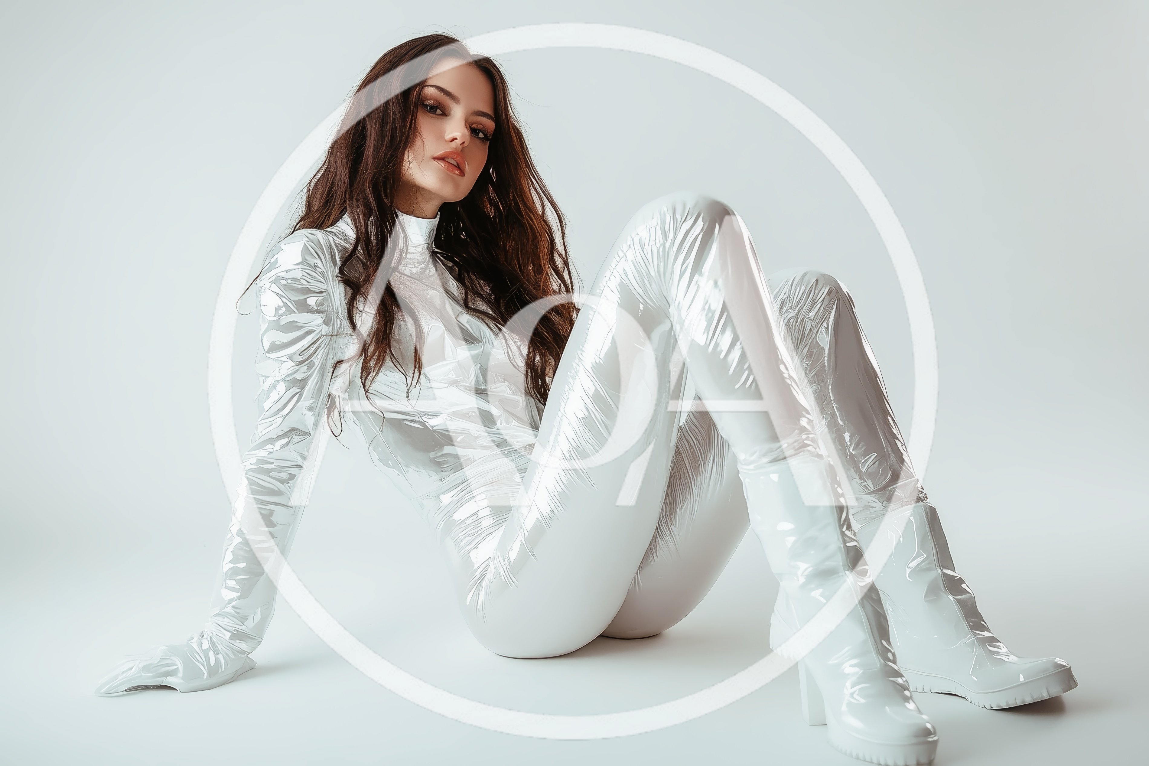 Fashion Model In Futuristic White Vinyl Bodysuit