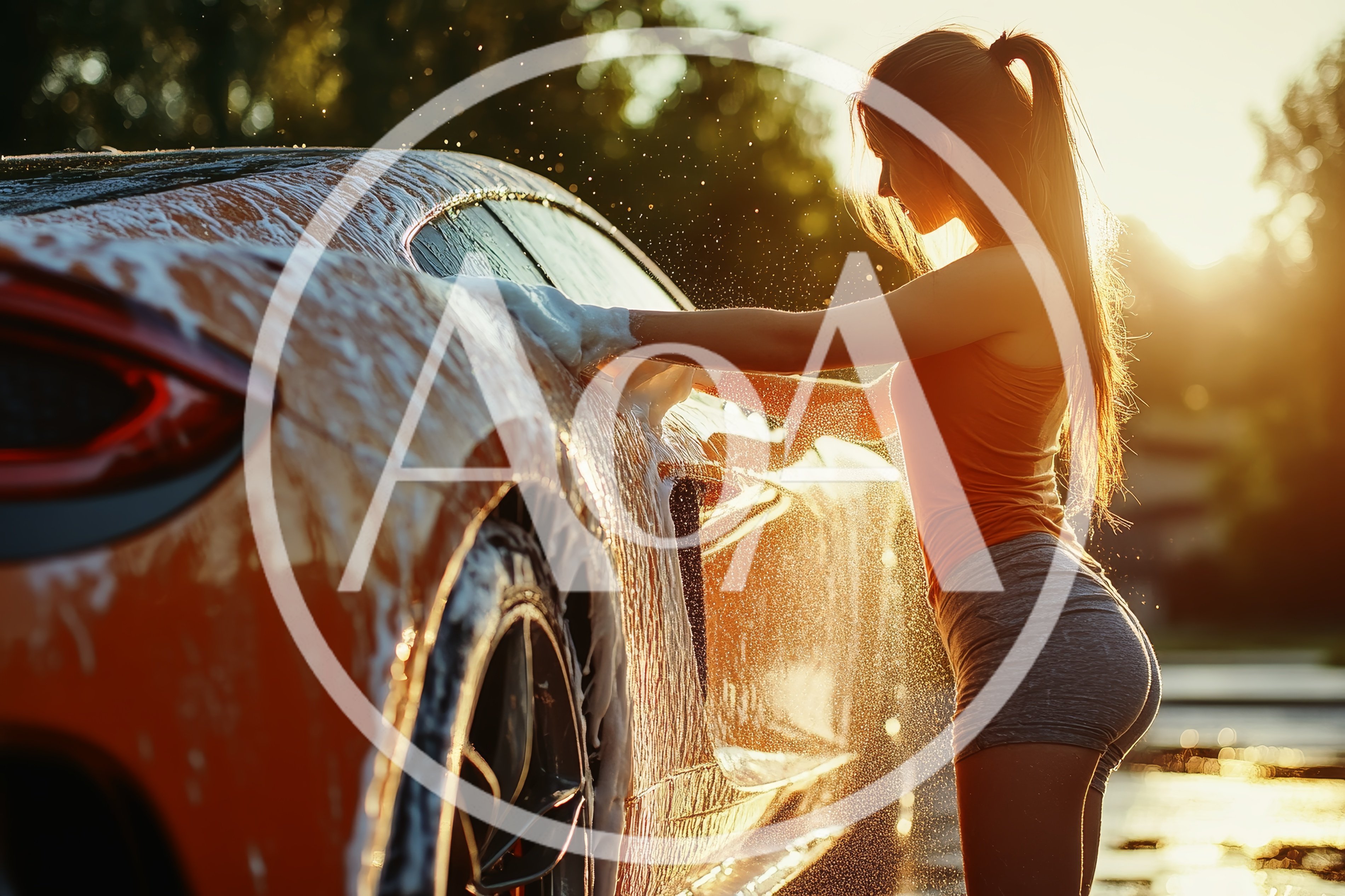 Young Woman Washing An Orange Sports Car At Sunset